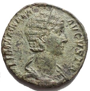 obverse: Julia Mamaea. Augusta, A.D. 222-235. Æ sestertius (29.4 mm, 18.5 g). Rome, A.D. 226. IVLIA MAMAEA AVGVSTA, draped bust right, wearing stephane / VESTA, Vesta seated left, holding palladium and scepter. RIC 708 (S Alexander); BMCRE 389 (S Alexander). GoodVF/aVF. Green patina