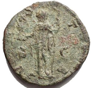 reverse: Julia Mamaea. Augusta, A.D. 222-235. Æ sestertius (29.4 mm, 18.5 g). Rome, A.D. 226. IVLIA MAMAEA AVGVSTA, draped bust right, wearing stephane / VESTA, Vesta seated left, holding palladium and scepter. RIC 708 (S Alexander); BMCRE 389 (S Alexander). GoodVF/aVF. Green patina