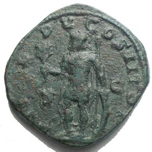 reverse: Philip I, 244-249. Sestertius (29,4 mm. 17,11 g) Rome 248. d/ IMP M IVL PHILIPPVS AVG Laureate, draped and cuirassed bust of Philip I to right. r/ P M TR P V COS III P P / S - C Mars standing front, head to left, holding olive branch in his right hand and placing his left on shield set on the ground; spear leaning against his left shoulder. VF. Green patina