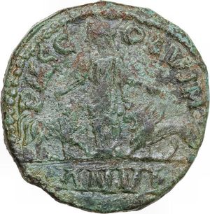 reverse: Philip I (244-249). AE 30 mm, Viminacium mint (Moesia Superior), dated Year 6 (244-245). Obv. Laureate, draped and cuirassed bust right. Rev. Moesia standing front between bull and lion. Varbanov I 135. AE. 18.15 g. 30.00 mm. Green patina with some brown spots. VF.