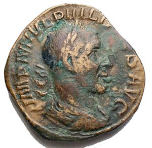 obverse: PHILIP I THE ARAB (03/244-09/249) Marcus Julius Philippus. Sestertius Ae. 244 BC. Rome. Diameter: 29.5mm. Weight: 19.78g. C.73 - RIC.175 a. VF obverse: IMP M IVL PHILIPPVS AVG. Laureate, draped and armored bust of Philip I on the right, seen from three quarters behind  reverse: LAET FVNDATA/ S C. Laetitia (Joy) standing frontally, looking to the left, holding a crown in her right hand and a rudder in her left.