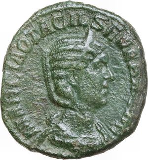 obverse: Otacilia Severa, wife of Philip I (244-249). AE Sestertius, Rome mint, 248 AD. Obv. MARCIA OTACIL SEVERA AVG. Bust of Otacilia Severa, diademed, draped, right. Rev. SAECVLARES AVGG S C. Hippopotamus, standing right. RIC IV Philip I 200A. AE. 14.92 g. 29.00 mm. Enchanting green patina. VF.