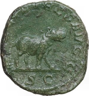 reverse: Otacilia Severa, wife of Philip I (244-249). AE Sestertius, Rome mint, 248 AD. Obv. MARCIA OTACIL SEVERA AVG. Bust of Otacilia Severa, diademed, draped, right. Rev. SAECVLARES AVGG S C. Hippopotamus, standing right. RIC IV Philip I 200A. AE. 14.92 g. 29.00 mm. Enchanting green patina. VF.