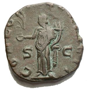 reverse: Valerianus I (253-260 AD). AE Sestertius (24,1 x 26,3 mm. 16,34 g), Roma  253-4. Obv. IMP C P LIC VALERIANVS AVG, laureate and draped bust to right. Rev. CONCORDIA EXERCIT / S - C, Concordia standing left holding patera and double cornucopiae. MIR 15g. RIC 155. Good Very fine.