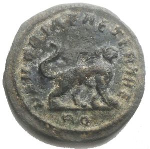 reverse: Divus Claudius II Gothicus. Died AD 270. Æ Follis (g 1,63. mm 15,95). Rome mint. Commemorative issue under Constantine I, AD 317-318. DIVO CLAVDIO OPTIM P, Laureate and veiled head right / Lion advancing right. Good VF. Rare.