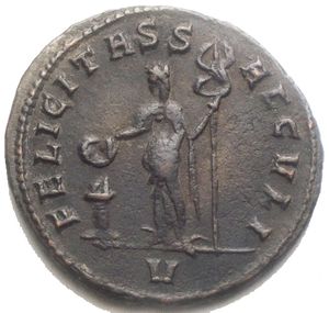 reverse: Marcus Claudius Tacitus. 275 - 276. Siscia. Antoninianus. mm 22.6 g 4.04 d/ IMP C M CLA TACITVS AVG. Radiate bust of Tacitus right, with cuirass and paludamentum. reverse: FELICITAS S-AECVLI in ex V. r/ Felicitas (Felicity) standing left, holding a patera in her right hand and a caduceus in her left; at her feet, left, a lit altar.