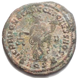 reverse: Maximianus. First reign, AD 286-305. Æ Follis (27.06 mm, 8.85 g). Aquileia mint, Struck circa AD 300. Laureate head right / Moneta standing left, holding scales and cornucopia; AQS. Variegated patina on silver plating