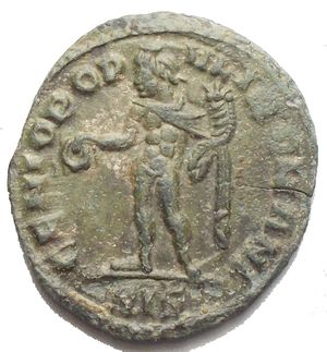 reverse: Maximianus Herculius AD 286-305. Siscia Follis Æ 18,67 x 19,77 mm. 2,2 g. d/IMP C MA MAXIMIANVS PF AVG, laureate head right r/ GENIO POPV-L[I] ROMANI, Genius standing left, modius on head, naked except for chlamys over left shoulder, holding patera in right and cornucopiae in left hand; mintmark SIS. Very Fine - nearly extremely fine. Green patina RIC.146 var.