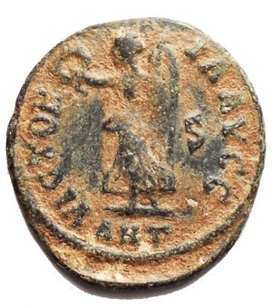 reverse: Time of Maximinus II Æ  Persecution Issue . Antioch, AD 310-313. IOVI CONSERVATORI, Jupiter seated left on throne, holding globe and sceptre / VICTORIA AVGG, Victory advancing left with wreath and palm, g 1,36. mm 15,5 x 16,6. Good Very Fine. Good Patina