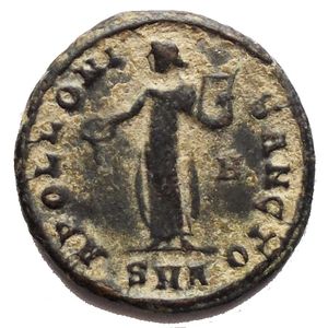 reverse: Time of Maximinus II Æ  Persecution Issue . Antioch, AD 310-313. GENIO ANTIOCHENI, Tyche seated facing, river-god Orontes swimming below / APOLLONI SANCTO, Apollo standing left, holding patera and lyre, g 1,6. mm 16,2 x 16,06. Very Fine. Patina