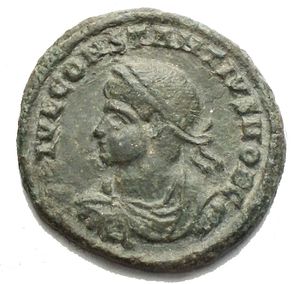 obverse: Constantius II. As Caesar, A.D. 324-337. Æ follis (18.83 mm, 3.05 g). Siscia, under Constantine I, A.D. 328/9. (FL) IVL CONSTANTIVS NOB C, laureate, draped and cuirassed bust of Constantius II left / PROVIDEN-TIAE CAESS, camp-gate surmounted by two turrets; above, star; ASIS(double crescent). RIC 217; LRBC 740. Green patina  Nearly extremely fine.
