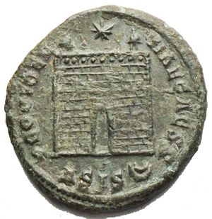 reverse: Constantius II. As Caesar, A.D. 324-337. Æ follis (18.83 mm, 3.05 g). Siscia, under Constantine I, A.D. 328/9. (FL) IVL CONSTANTIVS NOB C, laureate, draped and cuirassed bust of Constantius II left / PROVIDEN-TIAE CAESS, camp-gate surmounted by two turrets; above, star; ASIS(double crescent). RIC 217; LRBC 740. Green patina  Nearly extremely fine.