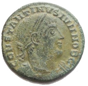 obverse: Constantine II as Caesar Æ follis, 2.26 g. CONSTANTINUS IUN NOB C laureate cuirassed bust right / GLORIA EXERCITUS two soldiers with shield and spear, two standards between them Good VF