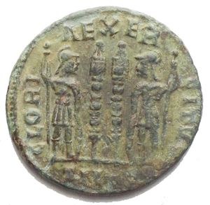 reverse: Constantine II as Caesar Æ follis, 2.26 g. CONSTANTINUS IUN NOB C laureate cuirassed bust right / GLORIA EXERCITUS two soldiers with shield and spear, two standards between them Good VF