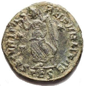 reverse: Gratian Ӕ Nummus. Thessalonica, AD 367-375. D N GRATIANVS P F AVG, pearl-diademed, draped and cuirassed bust right / SECVRITAS REIPVBLICAE, Victory advancing left, with wreath and palm; Γ and (star) in left field, TES in exergue. RIC 27c. 2.92g, 18.25 mm, green patina.Good Very Fine.