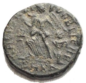 reverse: Teodosio I. 379-395 d.C. AE. D/ Busto verso destra. R/ Salus. Peso 1,38 gr. Diametro 13,3 mm. BB-SPL. Patina verde scuro