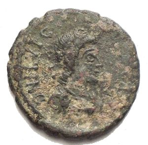 obverse: Flavius Victor. AD 387-388. Æ (13.7mm, 1.23 g). Pearl-diademed, draped, and cuirassed bust right / Camp gate with two turrets; star above; untoched