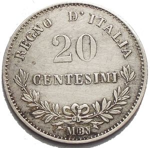 reverse: Savoia - Vittorio Emanuele II (1861-1878). 20 centesimi 1863 M. BB-SPL. Segni al rv