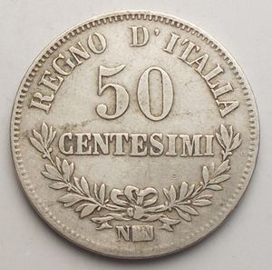 obverse: CASA SAVOIA REGNO D ITALIA. Vittorio Emanuele II, 1861-1878. 50 Centesimi 1863 Napoli, II° Tipo. Ag Pag. 528; Gig. 77.