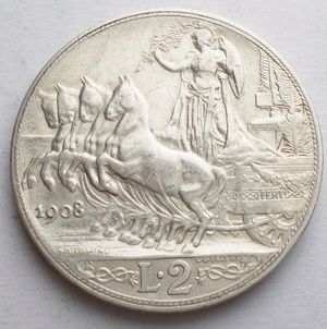 obverse: Vittorio Emanuele III 2 lire 1908 Ag Pag. 732 BB
