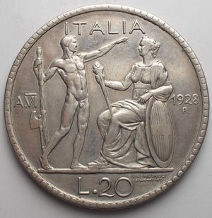 obverse: Casa Savoia Vittorio Emanuele III 20 lire 1928 Littore 