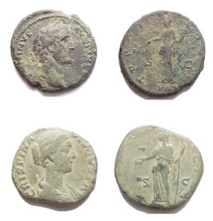 obverse: Impero Romano Insieme di 2 Medi Bronzi  Antonino Pio asse gr 13,1 mm 27,6  Crispina asse gr 9,57 mm 23,02 bellissima patina verde chiaro 