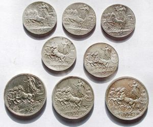 obverse: 1 lira e 2 lire Ag. Varie date. 8 pezzi in argento Vittorio Emanuele III