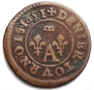 reverse: France Locale - Dombes Gaston d Orléans Denier Tournois 1651 A (Paris) CGKL 766 (R3!), KM 29 Cu, 1.45 g (17.12 mm)