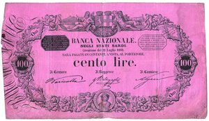 obverse: BANCA NAZIONALE negli Stati Sardi - OM 550 - Certif. Numismatica Sabauda - 21/07/1869.
