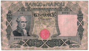 obverse: BANCO DI NAPOLI - 500 Lire - Decr. 1° maggio 1919.