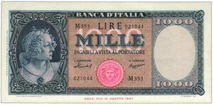 obverse: REPUBBLICA - 1.000 Lire - Decr. 15/09/1959 superiore.
