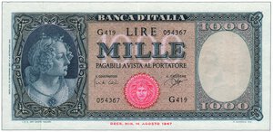 obverse: REPUBBLICA - 1.000 Lire - Decr. 25/09/1961.