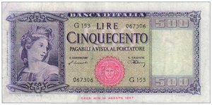 obverse: REPUBBLICA ITALIANA - 500 Lire 