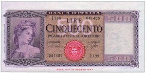 obverse: REPUBBLICA ITALIANA - 500 Lire