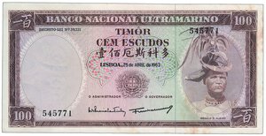 obverse: TIMOR - Banco National Ultramarino - 100 Escudos 1963.