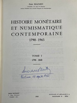 obverse: MAZARD J. - Histoire Monétaire et Numismatique contemporaine