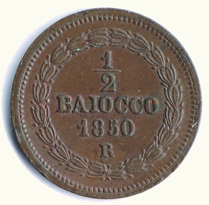 reverse: ROMA - Pio IX - ½ Baiocco 1850 - A. V - Residui di Rame rosso.