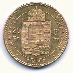 reverse: UNGHERIA Franz Joseph - 8 Forint/20 Francs 1892