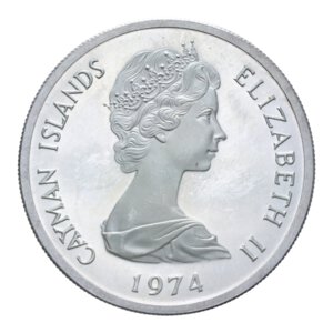 obverse: CAYMAN ISLAND ELISABETTA II 5 DOLLARS 1974 AG. 35,50 GR. PROOF (PATINATA)