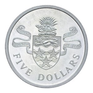 reverse: CAYMAN ISLAND ELISABETTA II 5 DOLLARS 1974 AG. 35,50 GR. PROOF (PATINATA)