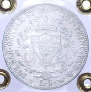 reverse: CARLO FELICE (1821-1831) 5 LIRE 1825 TORINO NC AG. 25 GR. BB+ (SIGILLATA SUBALPINA)