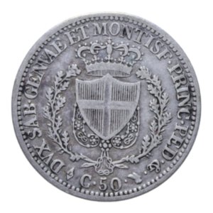 reverse: CARLO FELICE (1821-1831) 50 CENT. 1826 TORINO AG. 2,47 GR. MB-BB/qBB