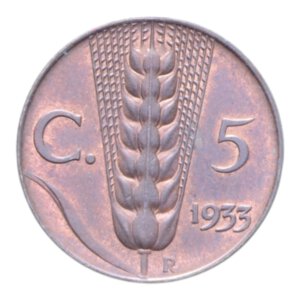reverse: VITT. EMANUELE III (1900-1943) 5 CENT. 1933 SPIGA CU. 3,22 GR. FDC ROSSO