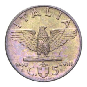 reverse: VITT. EMANUELE III (1900-1943) 5 CENT. 1940 IMPERO BA. 2,95 GR. FDC 