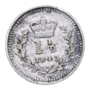 reverse: GRAN BRETAGNA VICTORIA 1 e 1/2 PENCE 1843 AG. 0,68 GR. BB/BB+