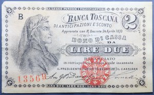 reverse: REGNO D ITALIA BANCA TOSCANA 2 LIRE 24/4/1870 SPL 