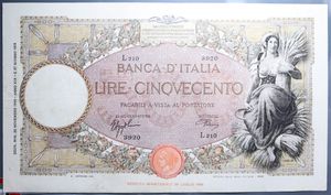 reverse: VITT.EMANUELE III 500 LIRE 22/11/1940 MIETITRICE FASCIO ROMA BB+
