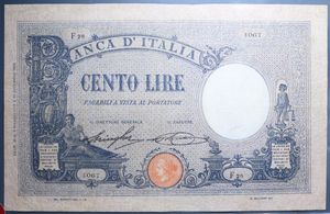 reverse: VITT.EMANUELE III 100 LIRE 4/5/1926 AZZURRINO DECRETO RRR BB/BB+ (RESTAURATA)