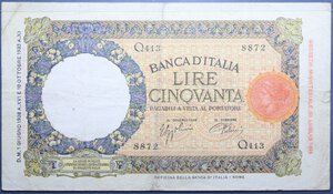 reverse: VITT. EMANUELE III 50 LIRE 1/6/1938 LUPETTA FASCIO ROMA BB