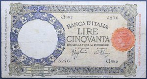 reverse: VITT. EMANUELE III 50 LIRE 28/8/1942 LUPETTA FASCIO L AQUILA qBB